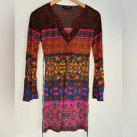 Hale Bob Silk Dress Pink Boho Jewels V Neck Beach Tropical Aztec Colorful Fall - Picture 1 of 7